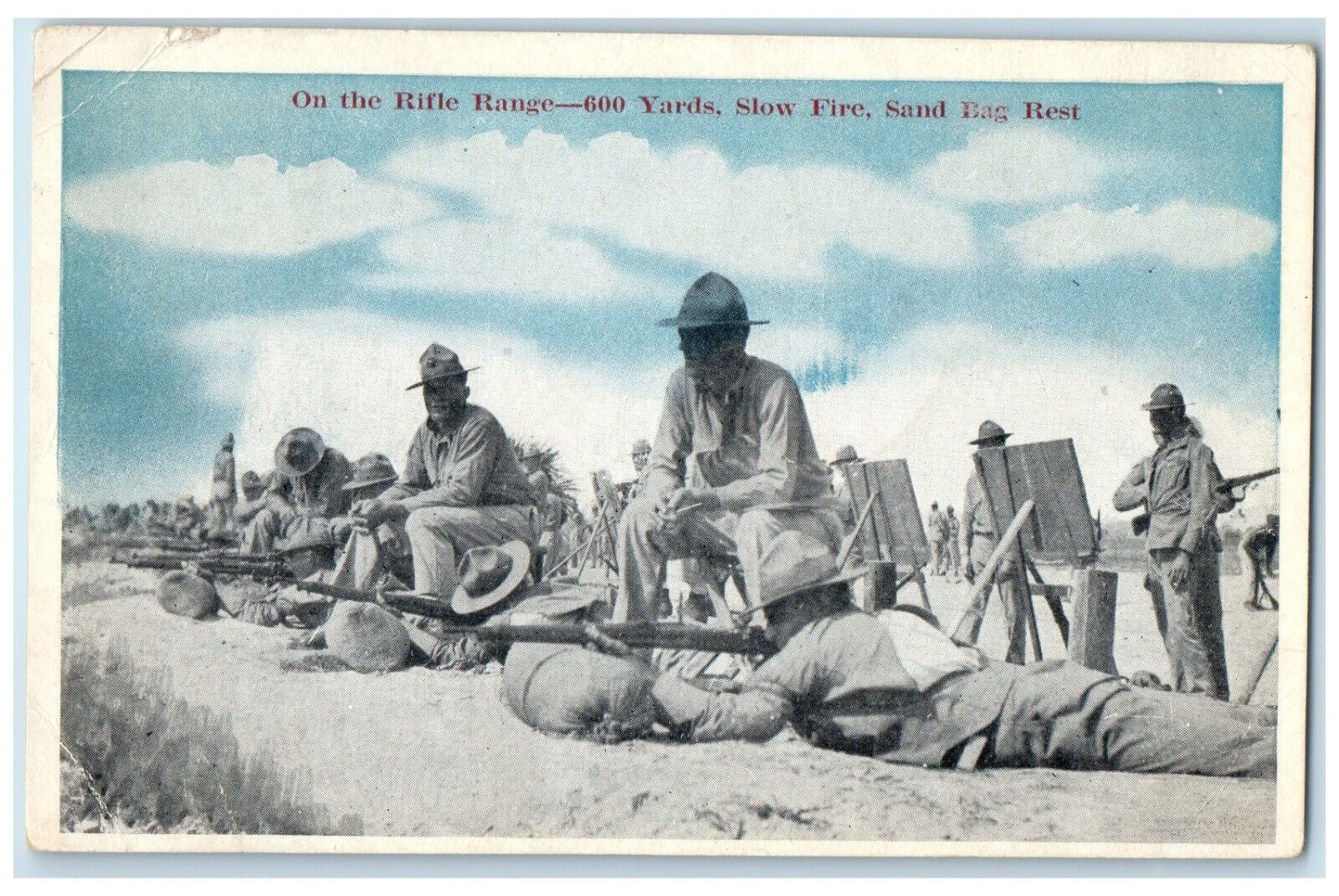 1918 On Rifle Range 600 Yards Slow Fire Sand Bag Rest Paris Island WW1 Postcard