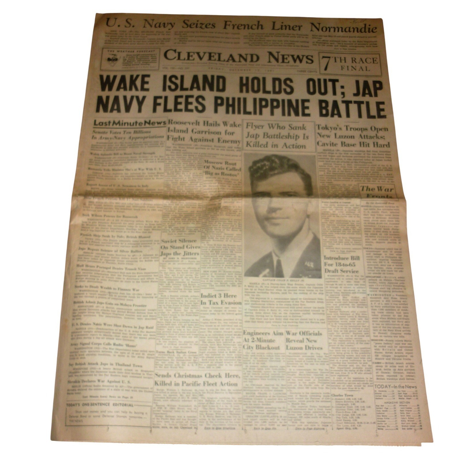 Vintage Dec 12 1941 Cleveland News Newspaper WWII Wake Island Pearl Harbor Era