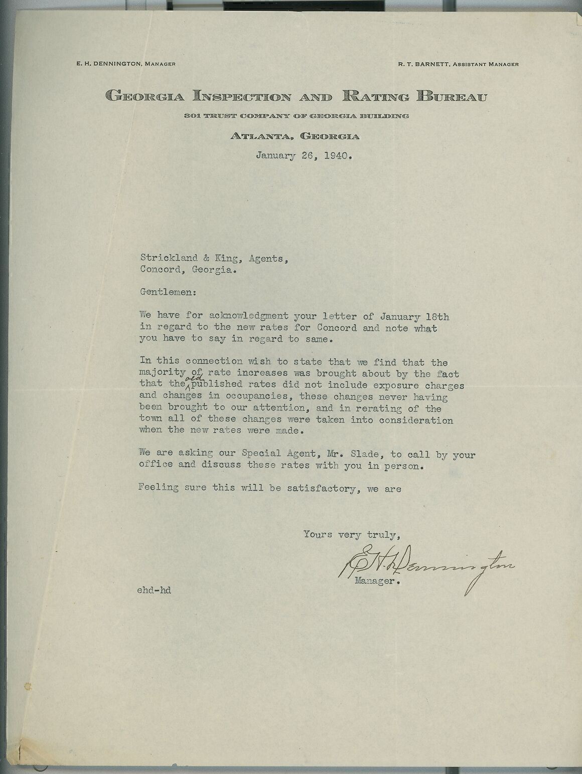 1940 Georgia Inspection and Rating Bureau Atlanta GA Letter RE: Ratings 165