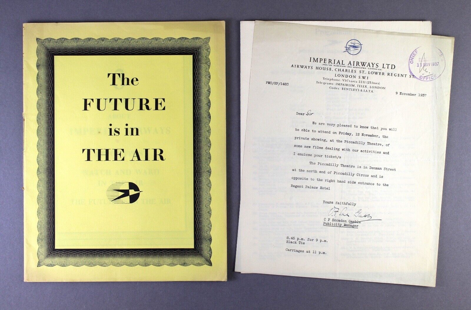 IMPERIAL AIRWAYS THE FUTURE IS IN THE AIR FILMS BROCHURE & PROGRAMME & LETTER