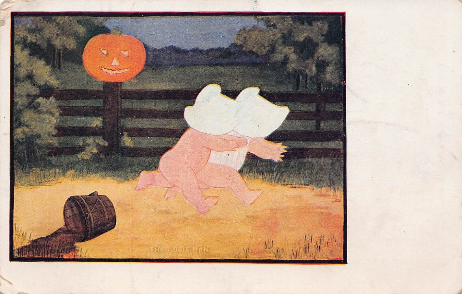 Antique Halloween Card Spooky Pumpkin Creepy Bogeyman Fence Vtg Postcard C58