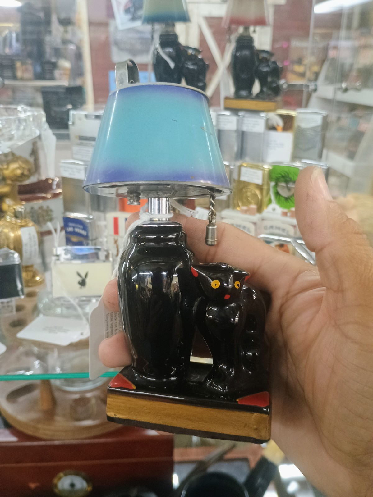 Vintage 1940's To 1950's Evanus Black Cat Table Lighter Enamel Lamp Shade 