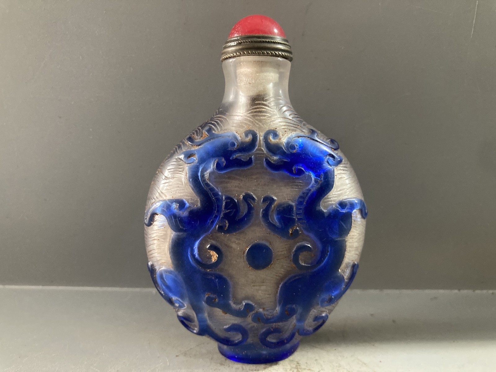 Collection Chinese Old Beijing Glaze Carved Dragon Statue Bottle Art