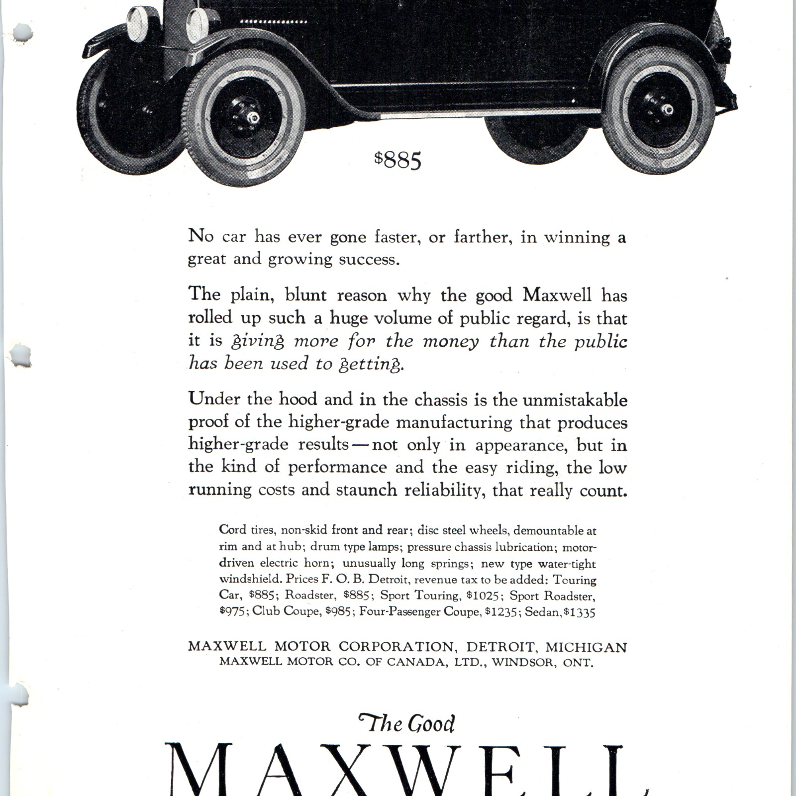 1923 Maxwell Motor Corporation Detroit Michigan Auto Car Vtg Print Ad Roadster