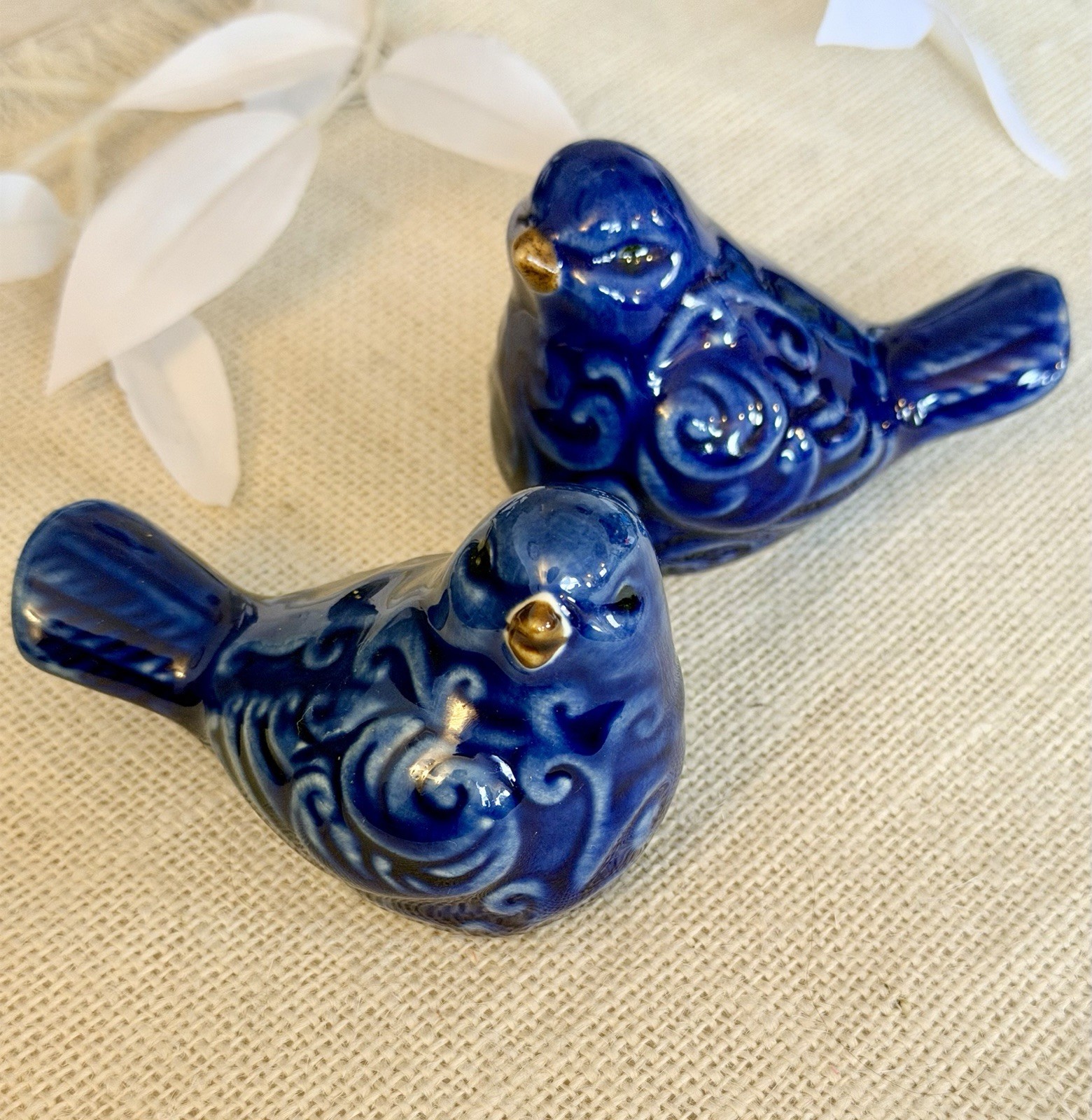 A Pair Of Blue Ceramic Bird Figurine Portugal Handmade Collectible 3.2