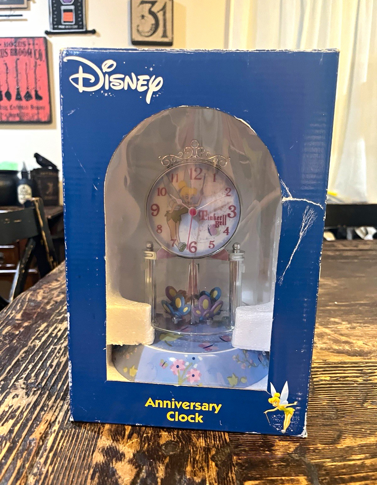 Disney Tinker Bell Glass Dome Anniversary Clock Vintage Porcelain Mantle W/ Box