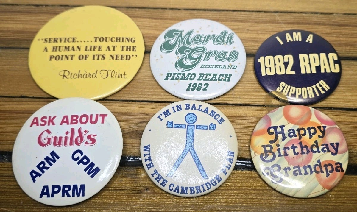 Vintage Pinback Buttons Lot of 6 1982 RPAC Pismo Beach Cambridge Plan Mardi Gras