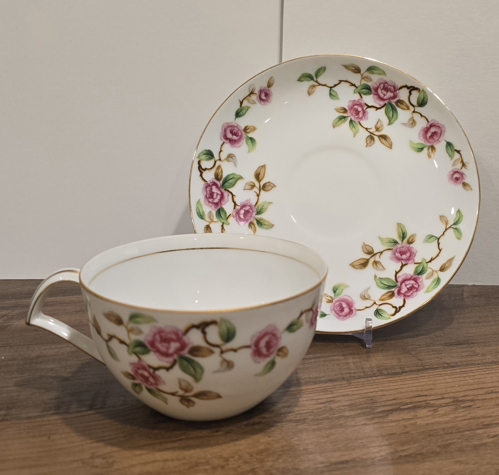 Vintage KENT MAYTIME China Flat Cup & Saucer Set Made in Japan Rose & Gold Trim