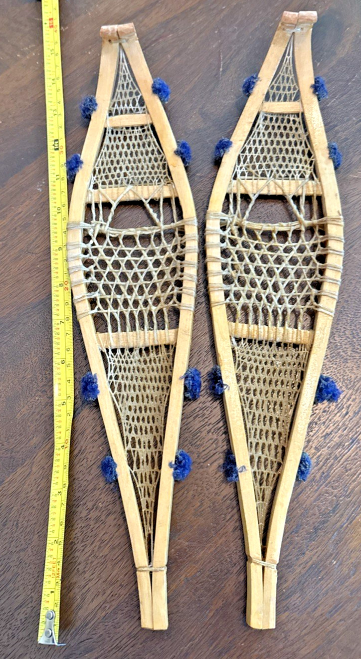 Pair of Mini Native Ojibwa Snowshoes - Rawhide Weaving with Decorative Pompoms