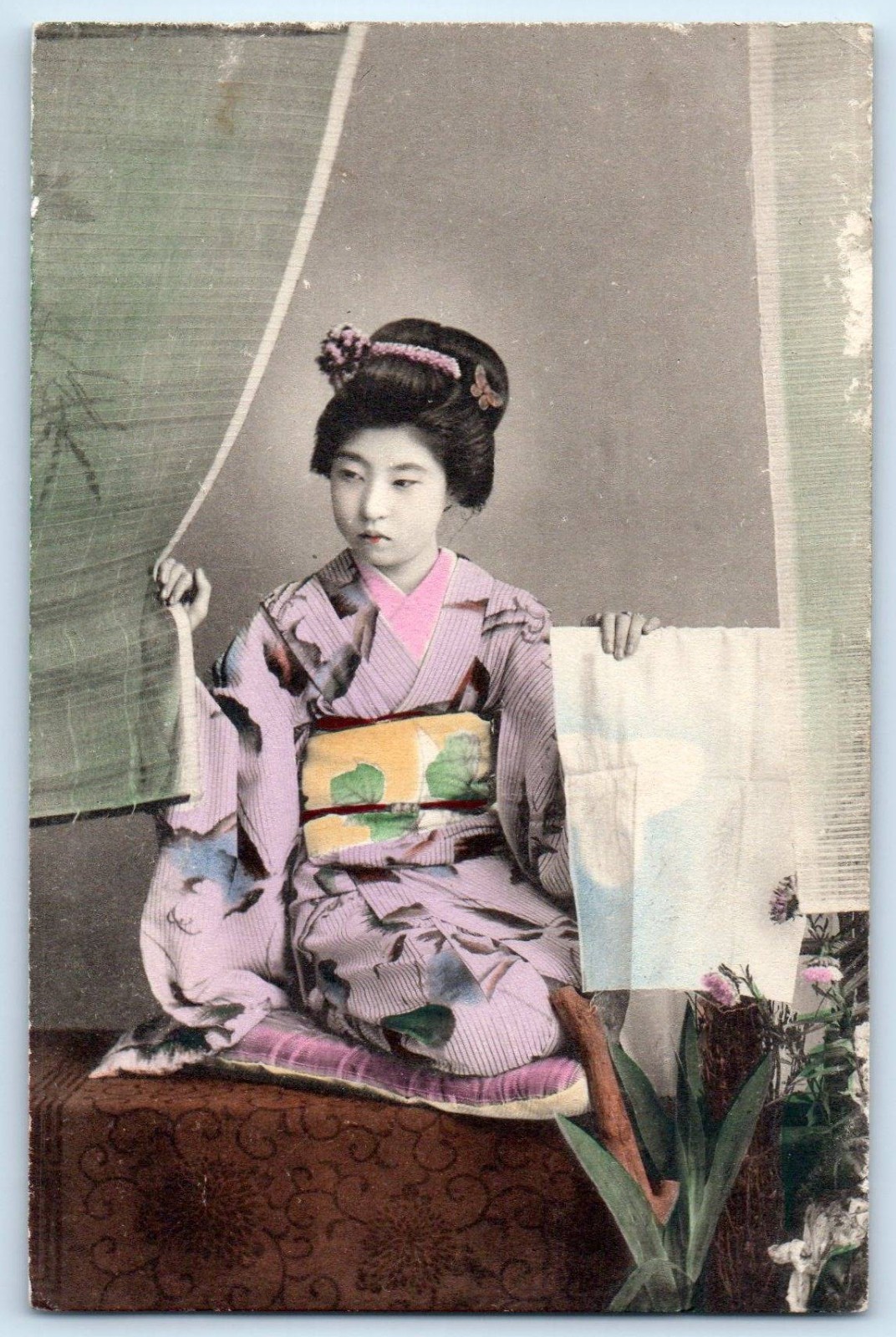 c1910\'s Japanese Geisha Kimono Holding Paper Japan Antique Unposted Postcard