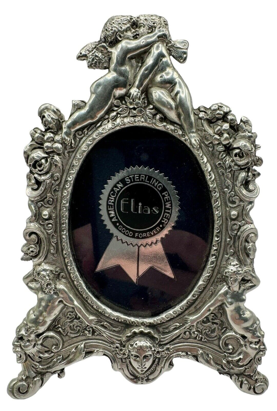 Vintage Elias USA Fine 925 Pewter Miniature Oval Picture Frame Cherub Easel 6”