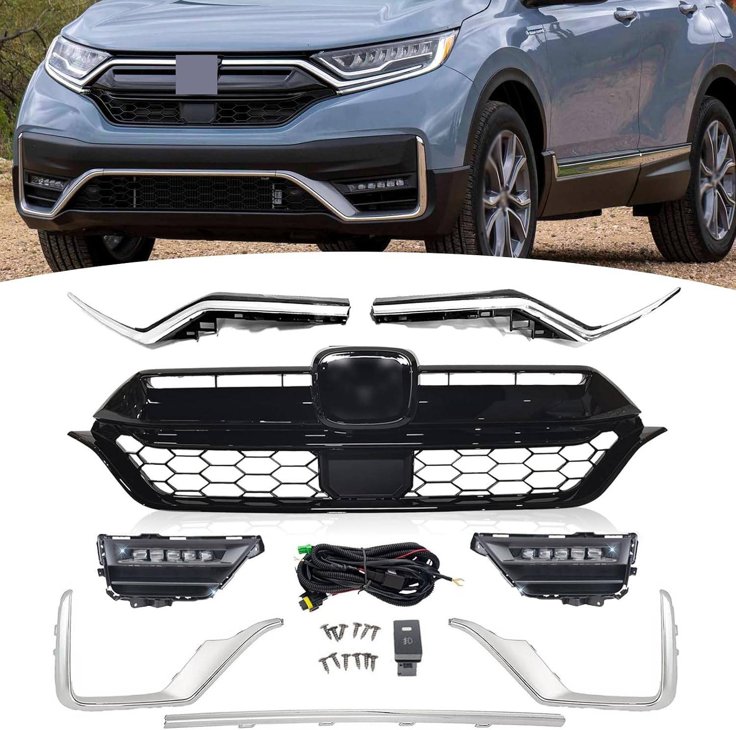 Front Bumper Upper Grille + Upper Grill Decorative Strip + Fog Lights Assembly +