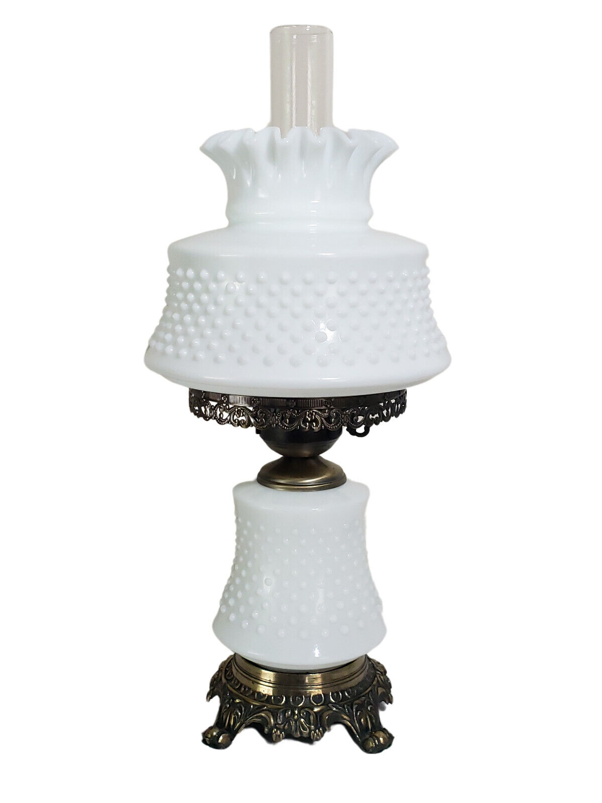 Vintage Fenton Hurricane Lamp White Hobnail 19\
