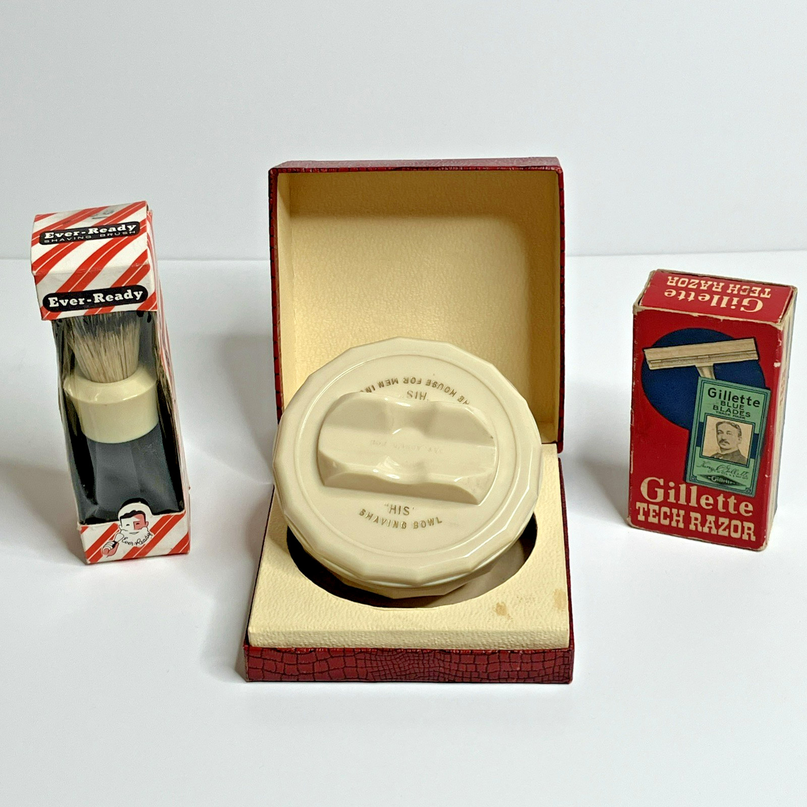 Vintage Gillette Tech Razor Ever-Ready Shaving Brush HIS Shaving Bowl Boxed Wet