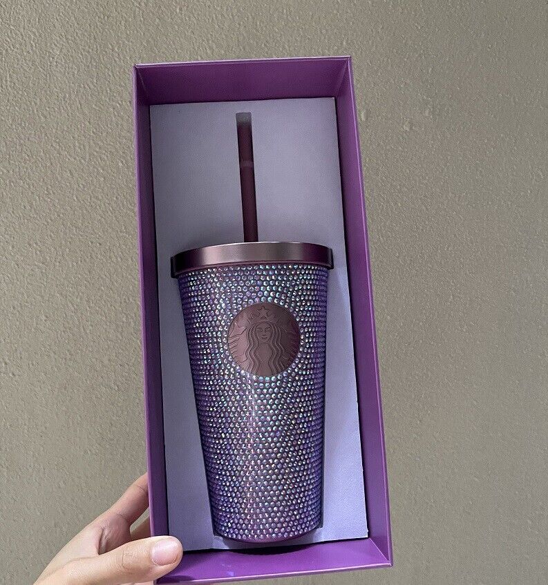 STARBUCKS Tumbler 16Oz Stainless Steel Pink Purple BLING Rhinestone Cold Cup New