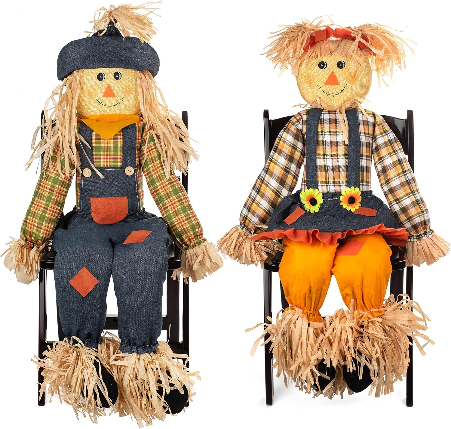 Thanksgiving Sitting Scarecrow Decor Set of 2 Large 50 Inch Boy Girl Couple