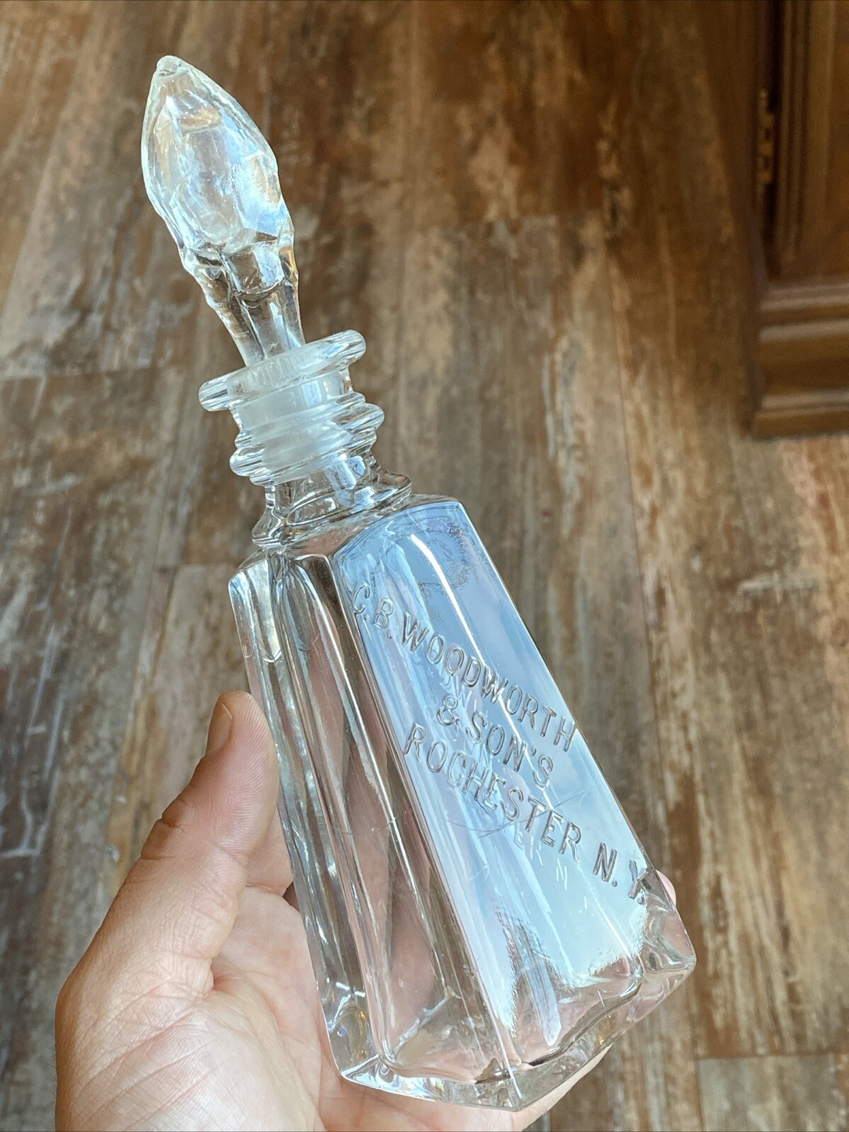 Antique CB Woodworth & Sons Perfume Triangle Bottle Rochester NY Splash Decanter