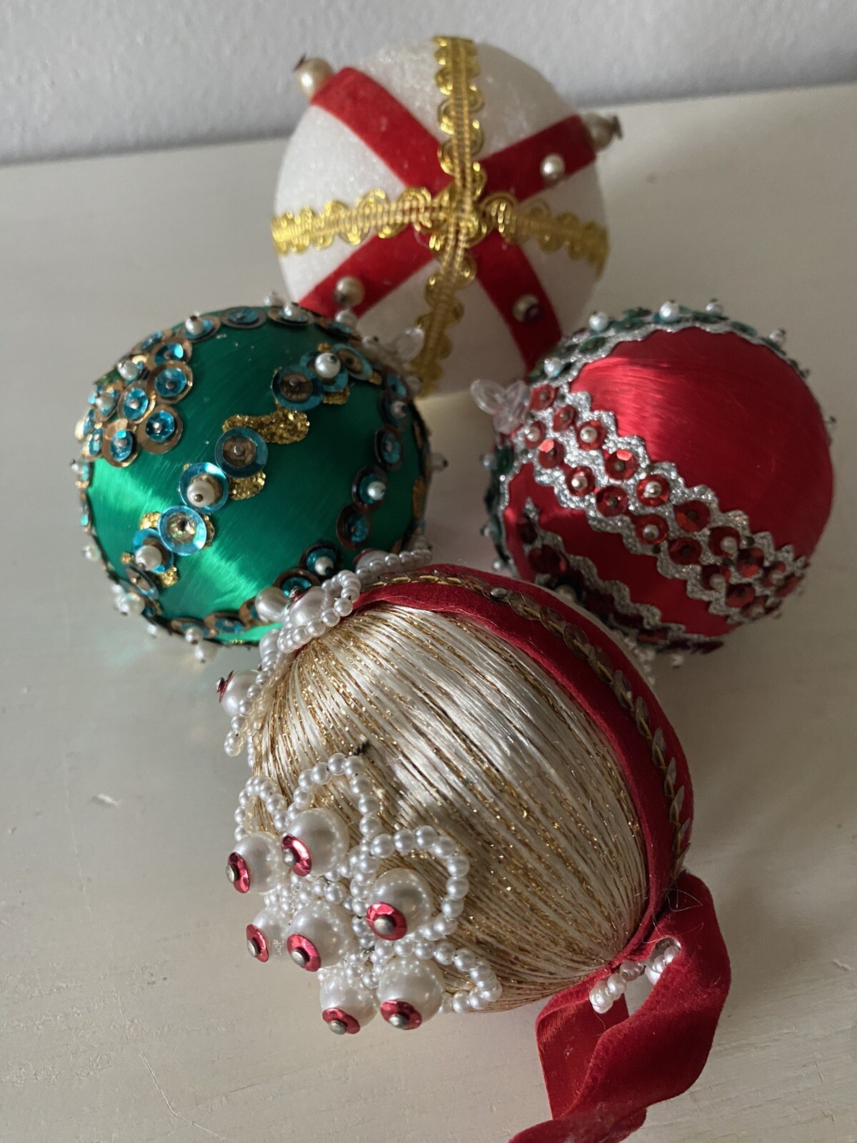3 VTG Sequin Beaded Satin Ball + 1 Other Christmas Ornaments Handmade Push Pin