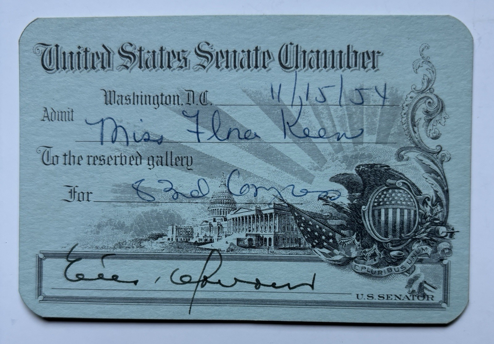 Vintage 1954 US Senate Chamber Gallery Pass 83rd Congress Estes Kefauver TN Vintage 1954 US Senate Chamber Gallery Pass 83rd Congress Estes Kefauver TN