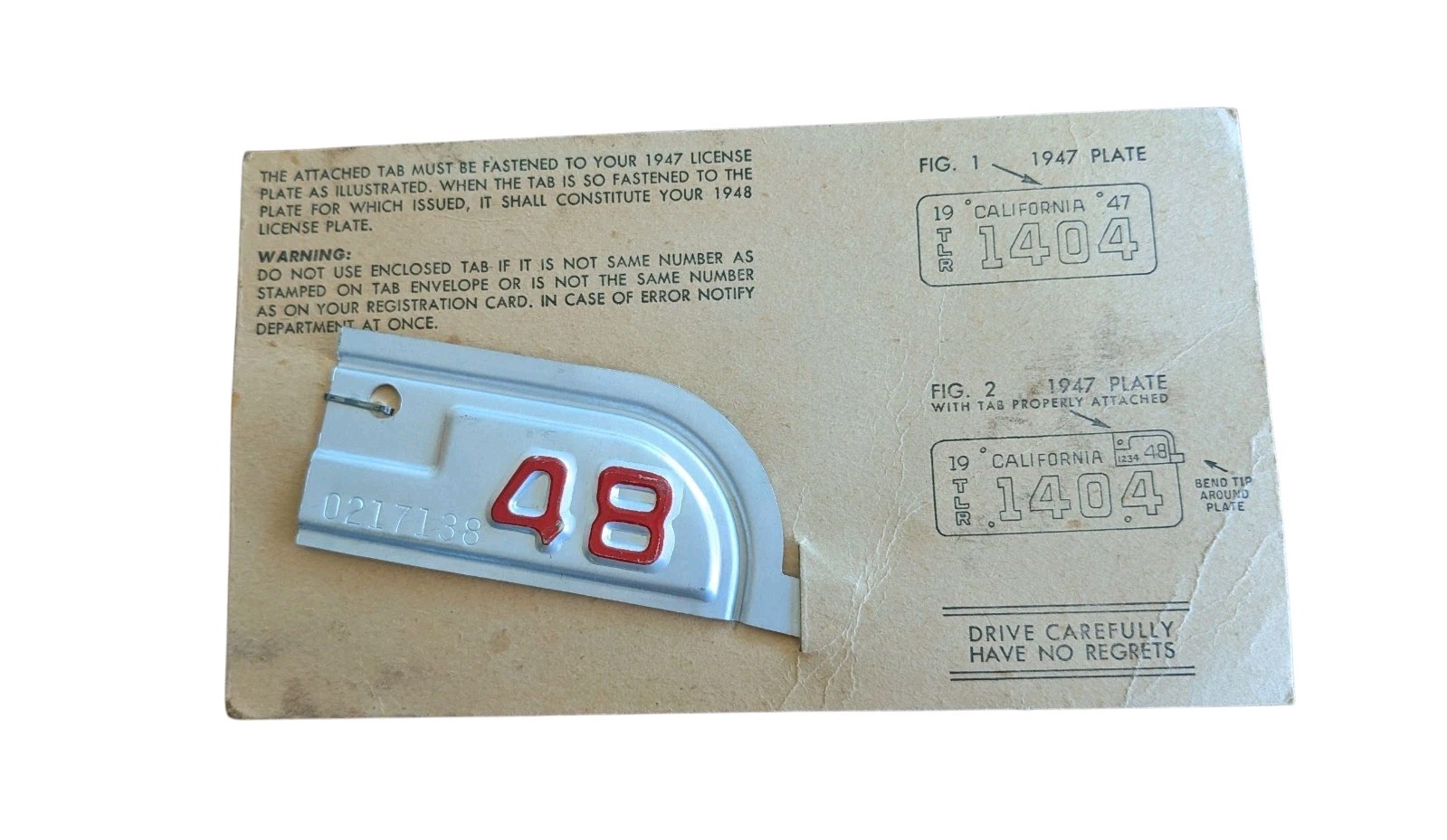 1948 NOS CALIFORNIA Passenger Car License Plate Metal Corner Tag 1947 YOM E