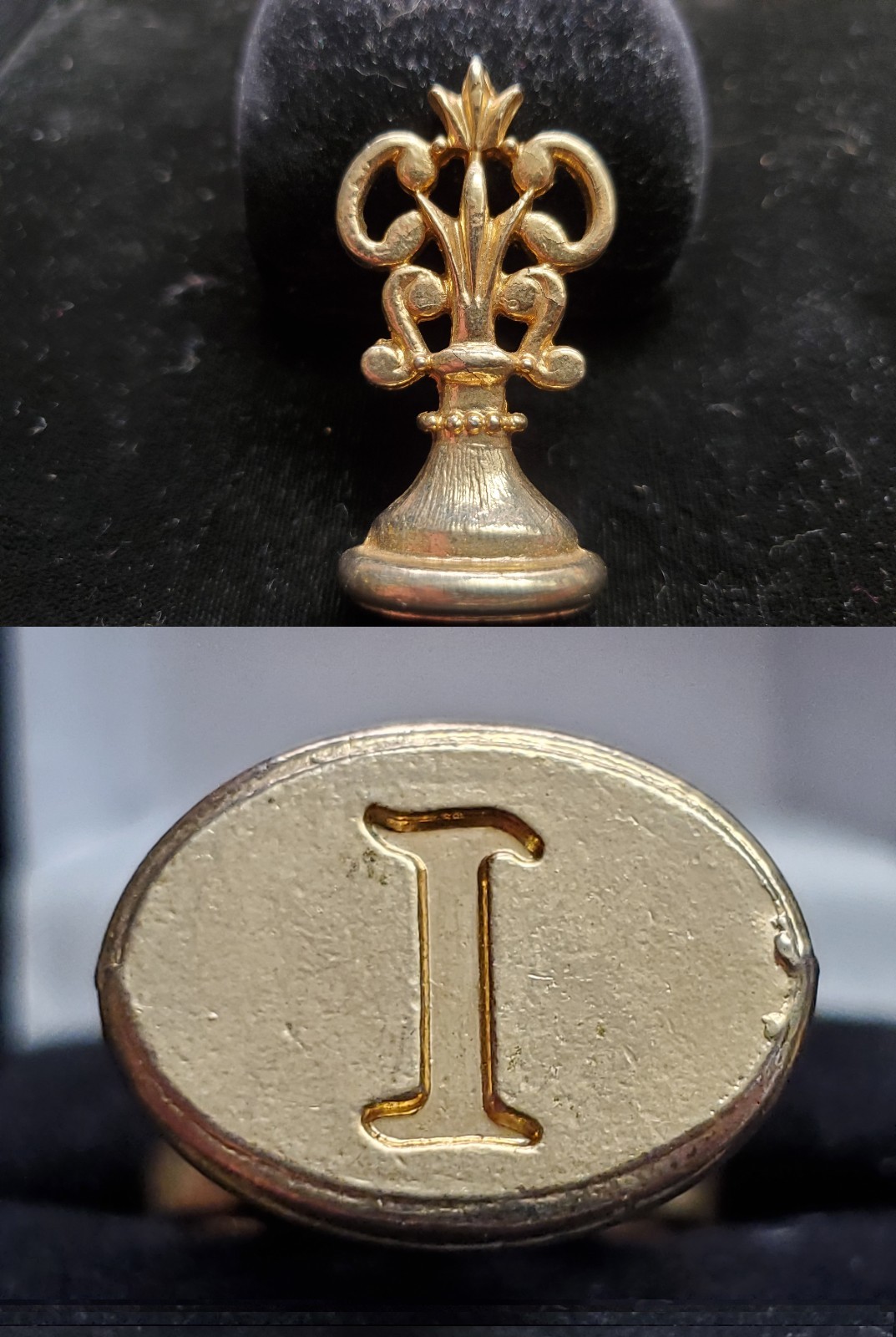 Vintage Gold Tone Brass Script Letter I Wax Seal Stamp Monogram Scroll Top NOS