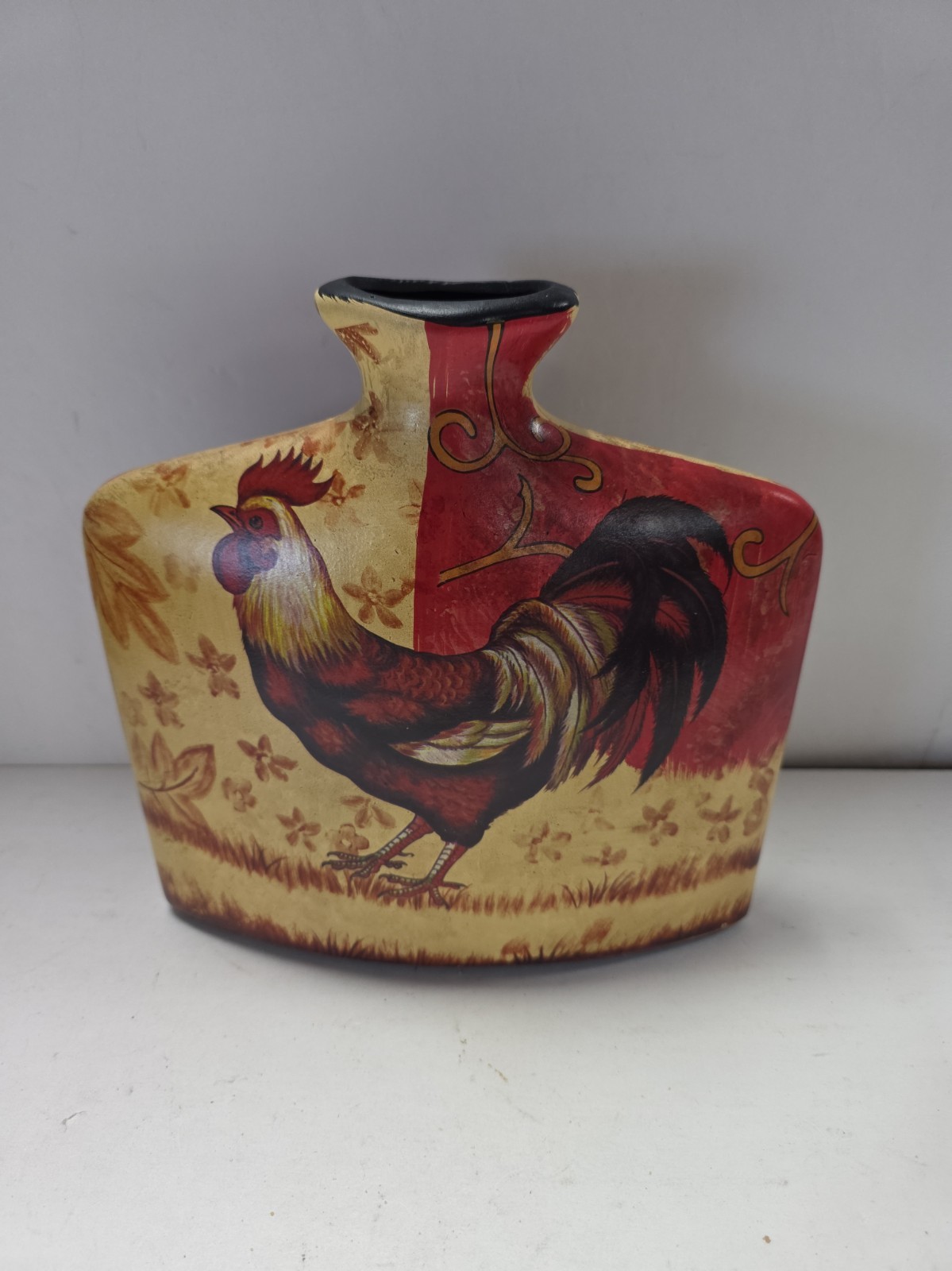 Vintage Tuscany Style Ceramic Rooster Vase Flat Pillow Shape Farmhouse Decor