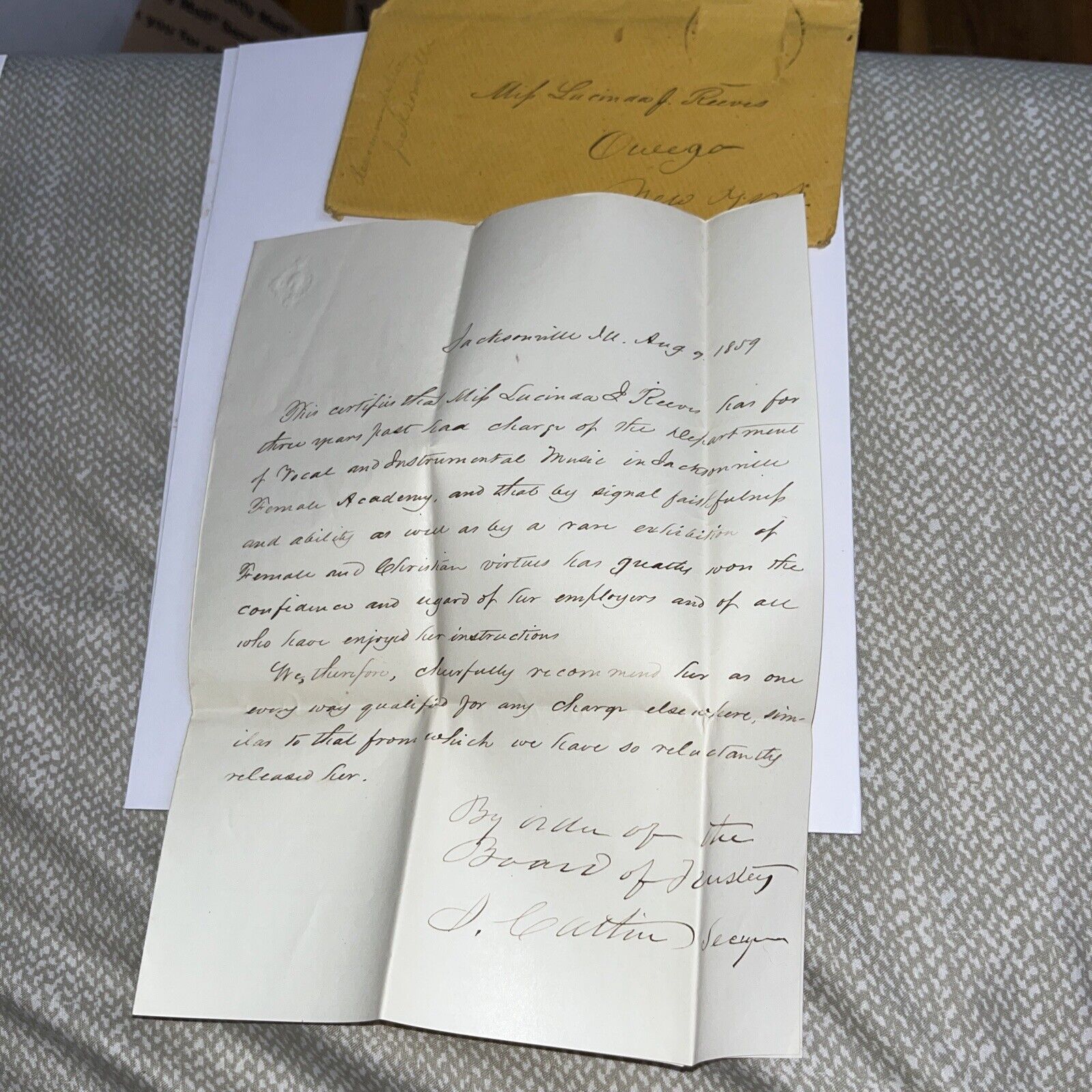 Antique 1859 Pre Civil War Era Recommendation Letter Jacksonville Female Academy