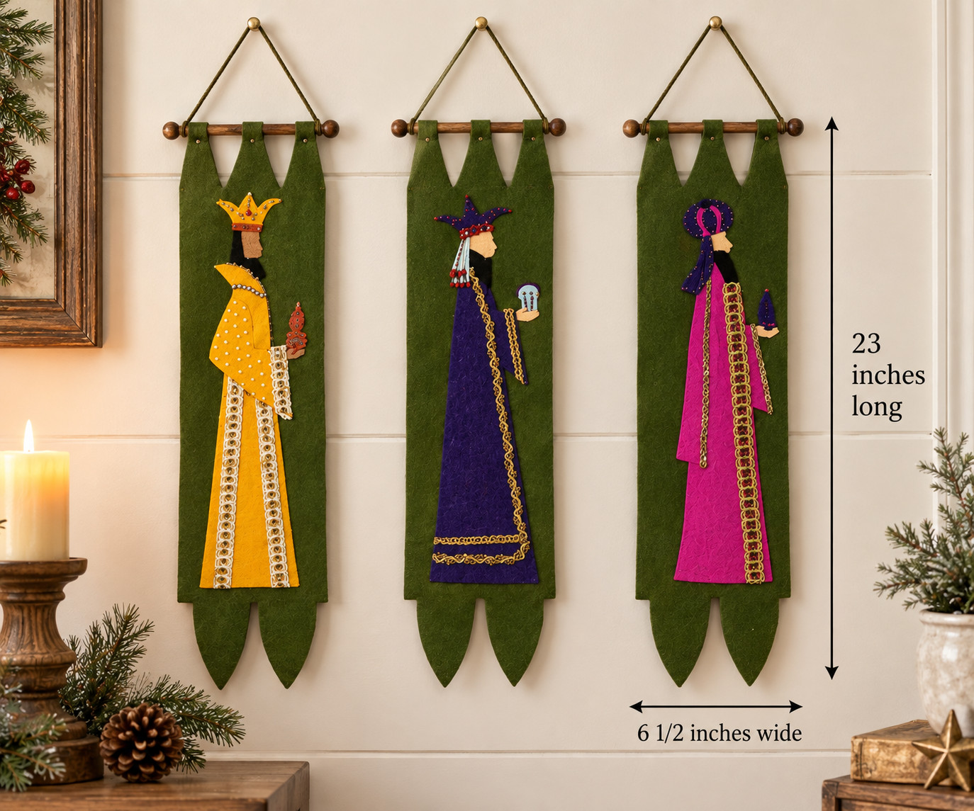 Vintage MCM Handmade 3 Wise Men Wall Hangings Sequin & Beaded Felt Christmas