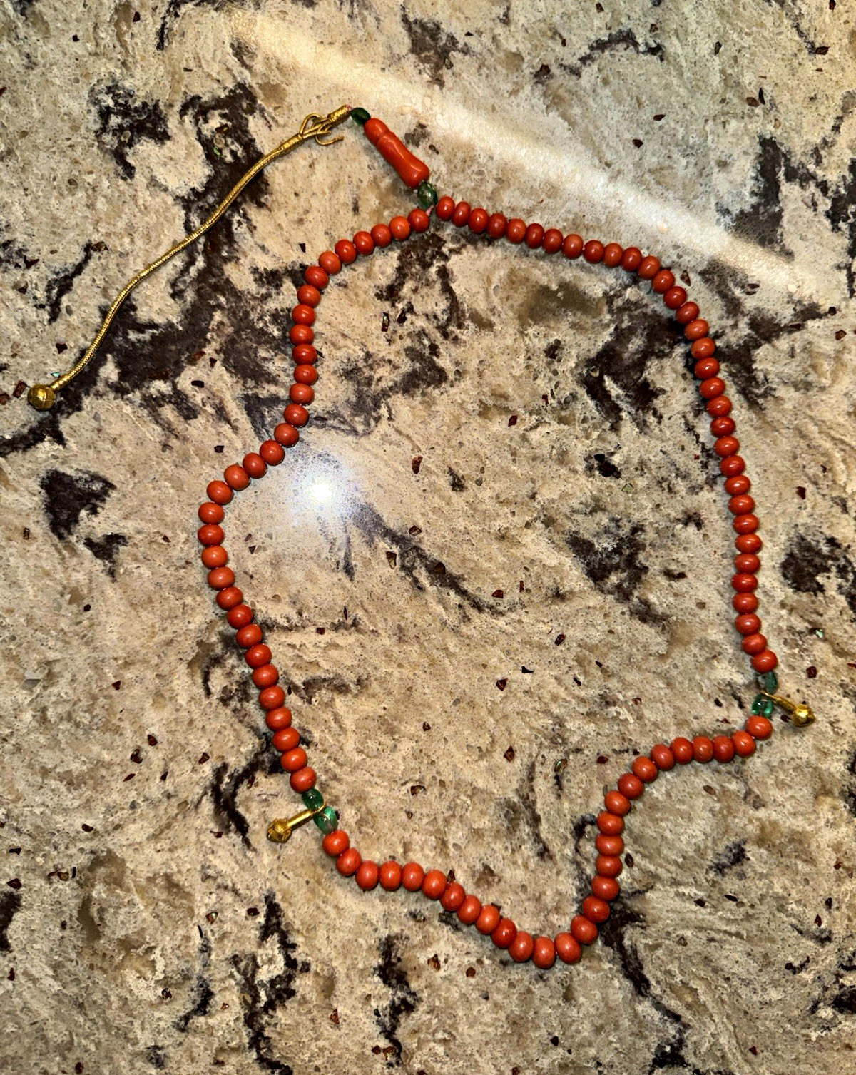 Antique Mediterranean Red Coral Misbaha Subha 18k Gold Emerald Diamond 79.95g