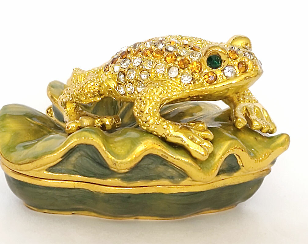 Small Gold FROG on leaf hinged trinket box jeweled enameled 1.5\