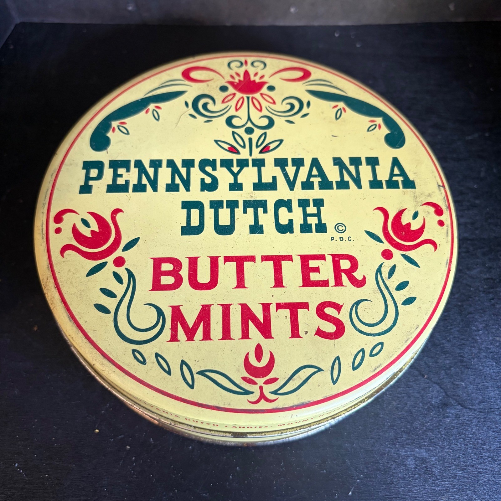 Vintage Pennsylvania Dutch Butter Mints Tin Round Yellow Folk Art Floral 6in