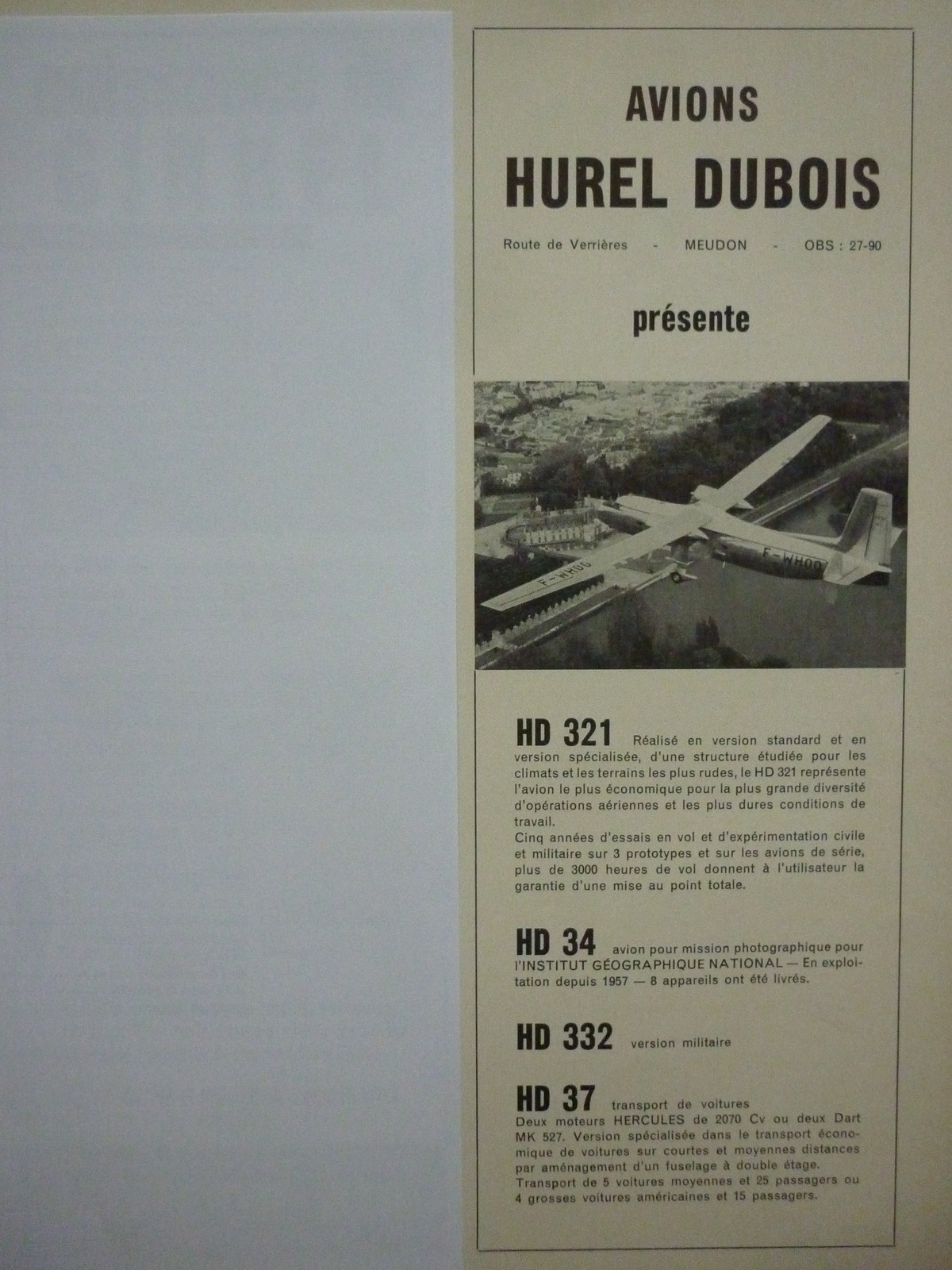 1959-60 PUB AVIONES HUREL-DUBOIS MEUDON HD 321 HD 34 IGN HD 332 HD 37 FRENCH AD 1959-60 PUB AVIONES HUREL-DUBOIS MEUDON HD 321 HD 34 IGN HD 332 HD 37 FRENCH AD