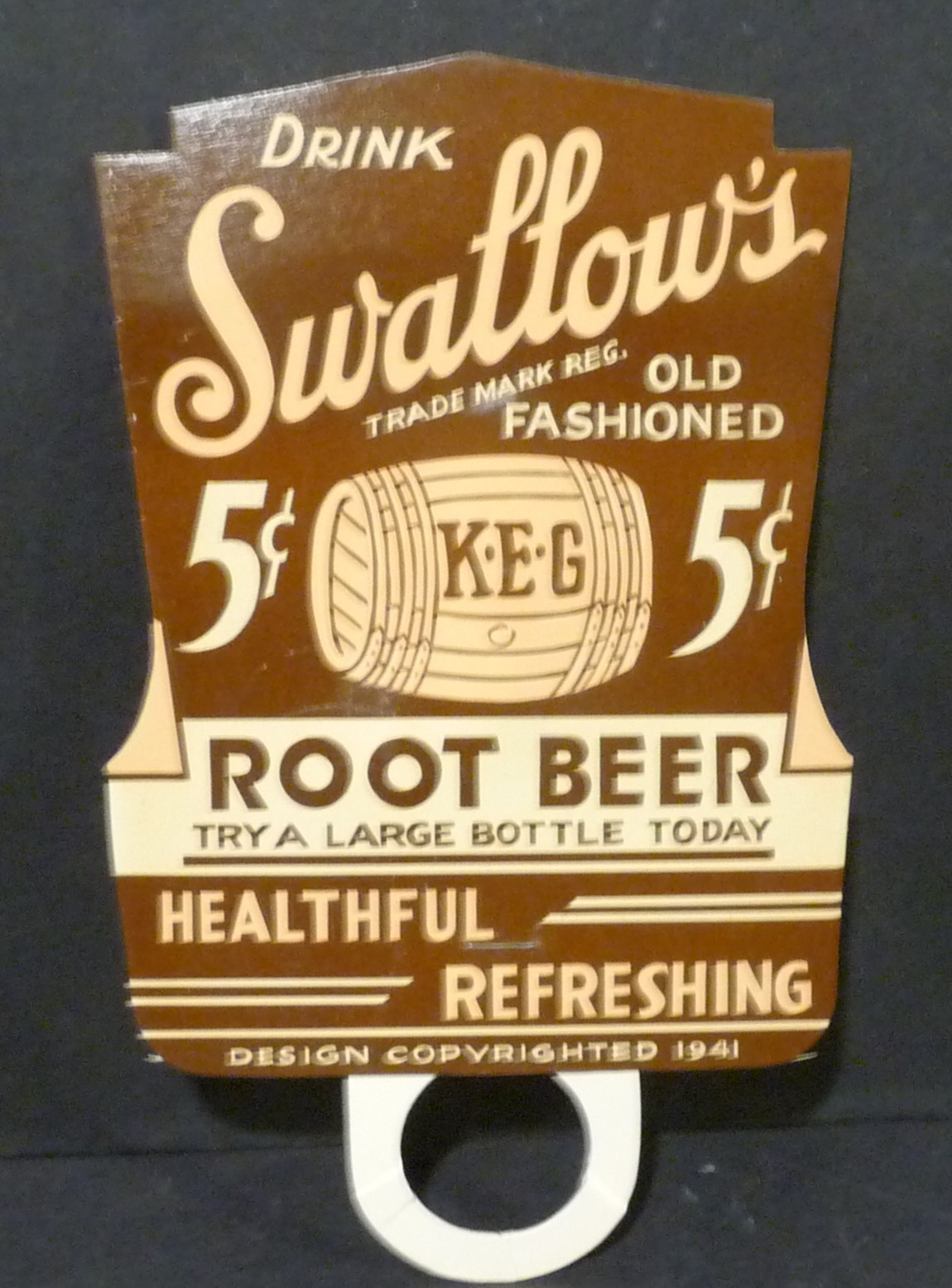 Very Nice Swallow\'s Root Beer Cardboard Bottle Topper Sign Dated 1941