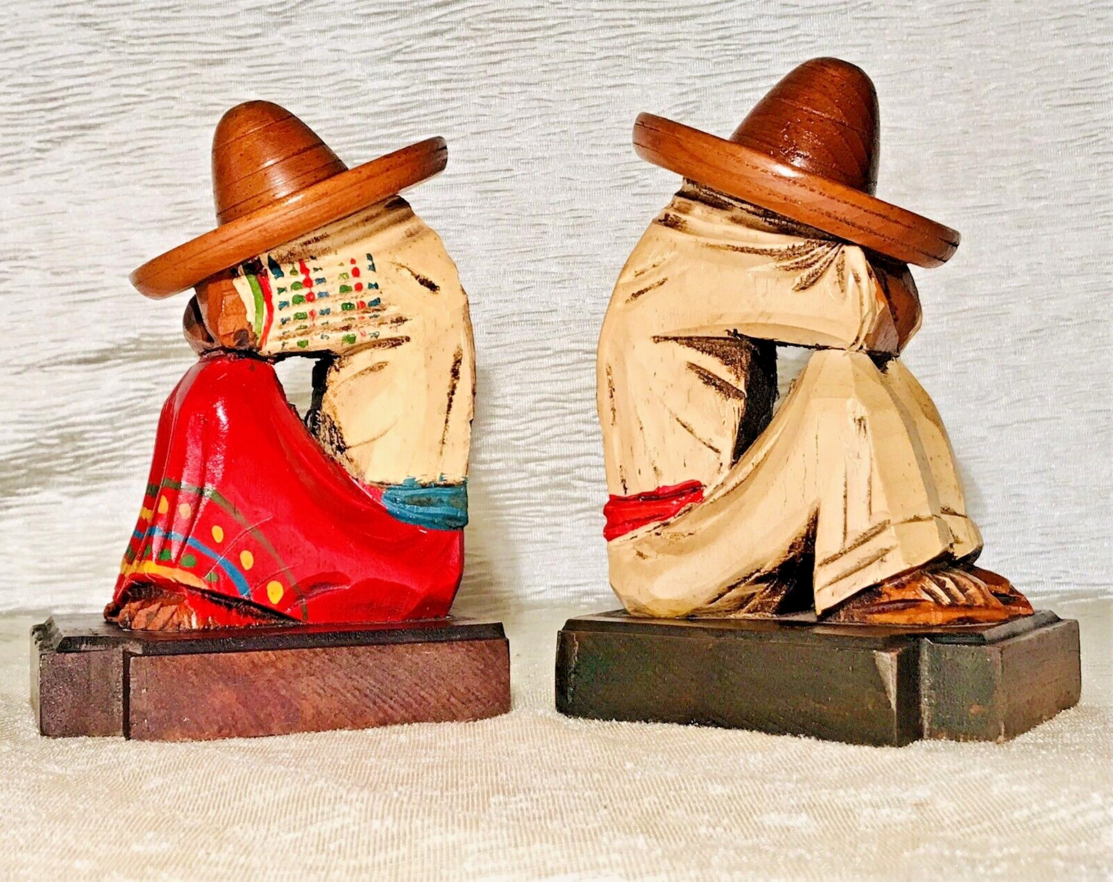 Vtg Folk Art Carved Wood Bookends Mexican Siesta Man Woman House Of Oppenheim