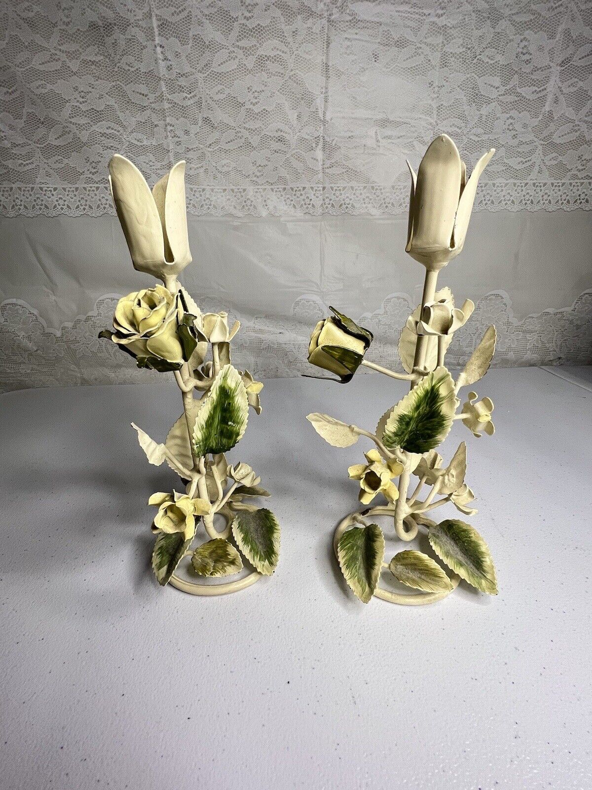 Italian Tole Ware Metal Candle Holders 9” Vintage Cottagecore Floral Cream Green