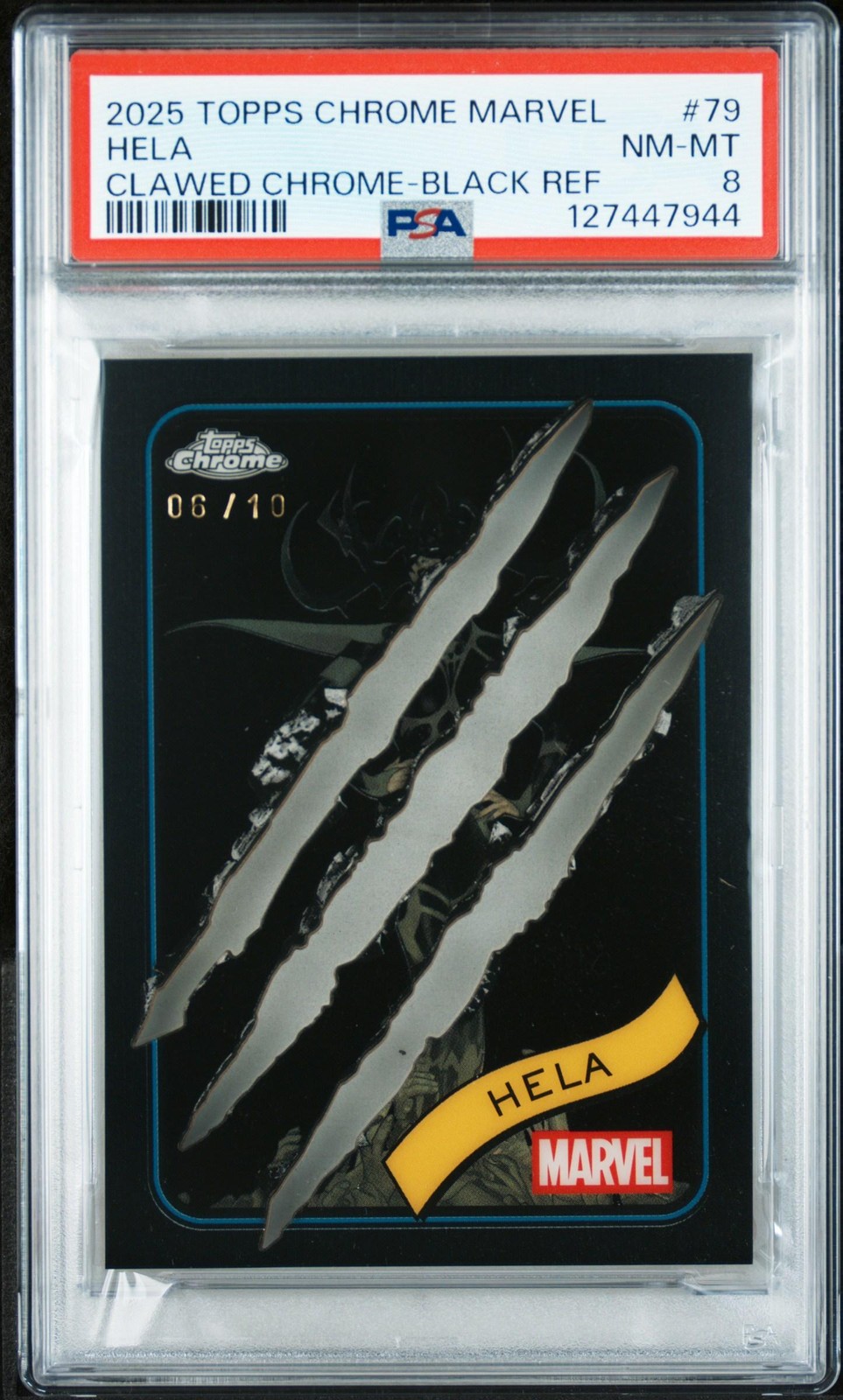 Hela 2025 Topps Chrome Marvel #79 Clawed Black Refractor /10 PSA 8