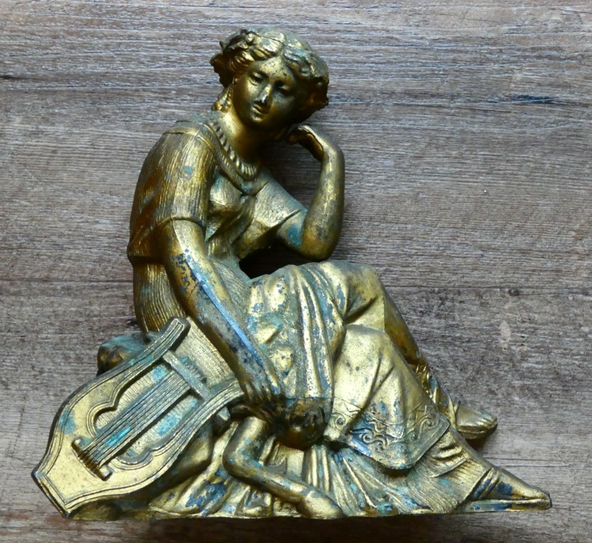 Antique Spelter Metal Seated Woman w/ Lyre Mantle Clock Topper