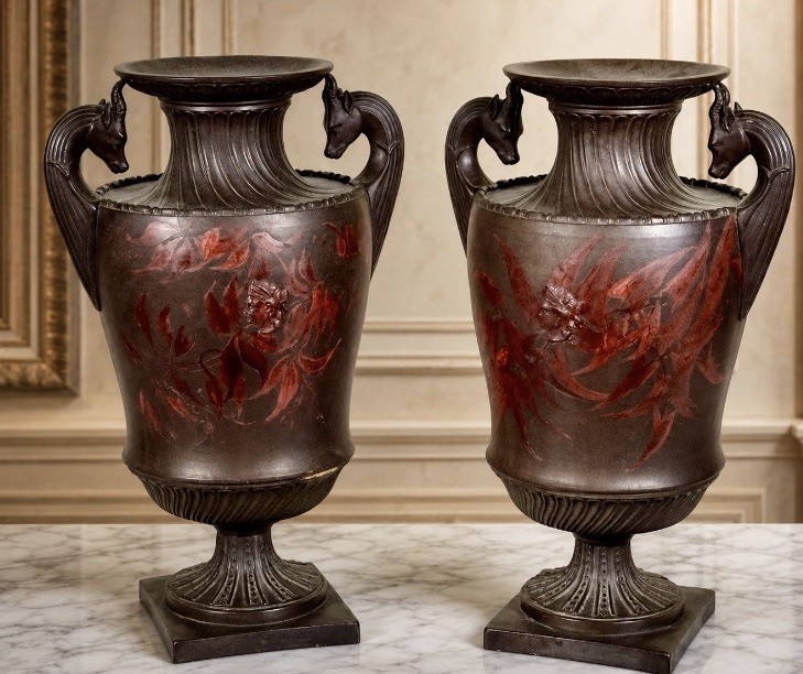 Pair Wilhelm Schiller Sohn Majolica Siderolith Basalt Urns Vases #160 Very Rare