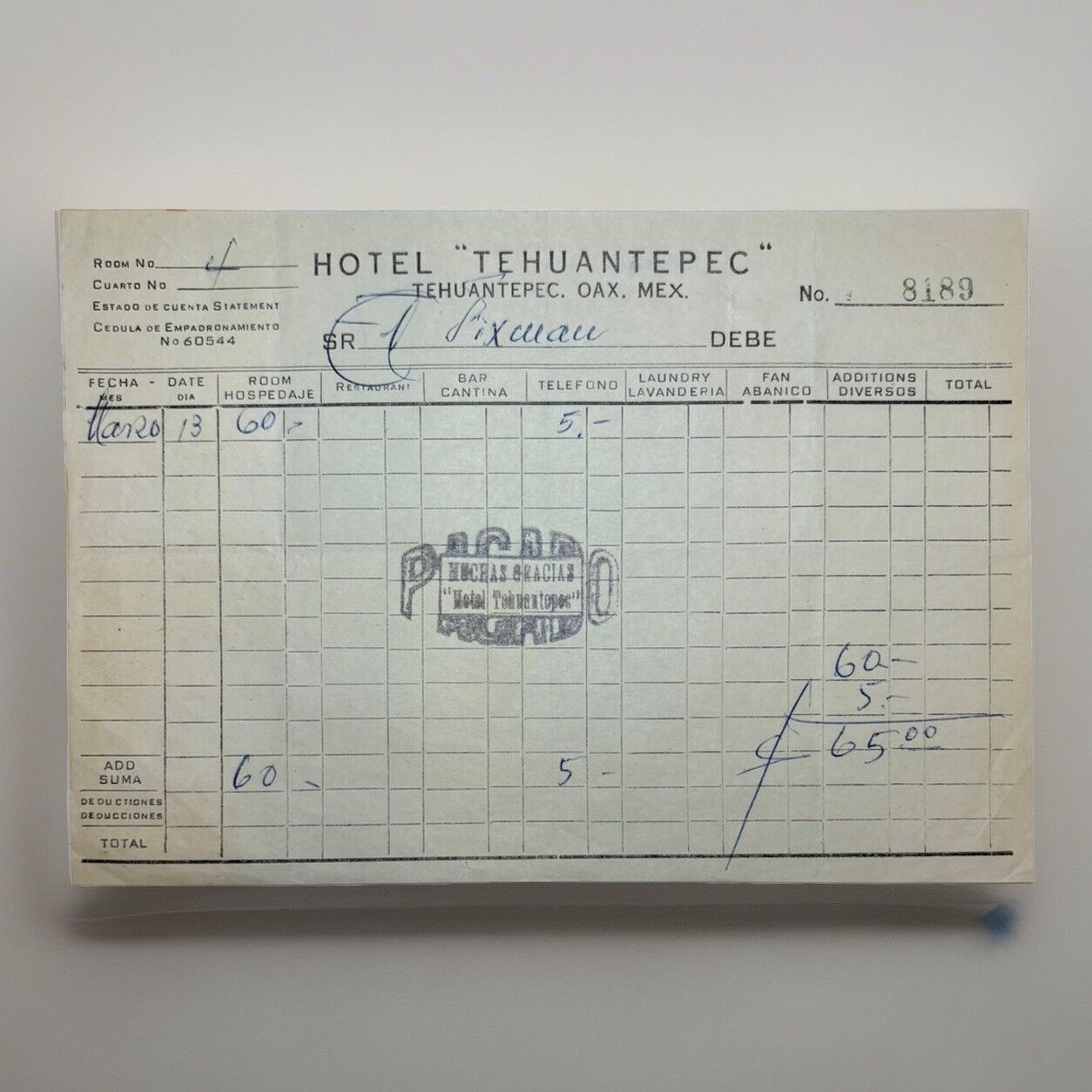 Vintage RECEIPT: HOTEL TEHUANTEPEC - Mexico - Undated