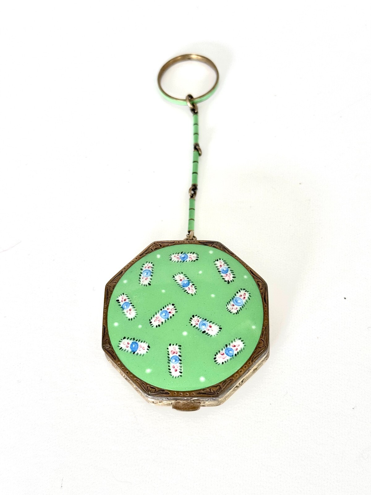 1930s Green Enamel Monogram Powder Compact with Enamel Finger Ring & Enamel Chai