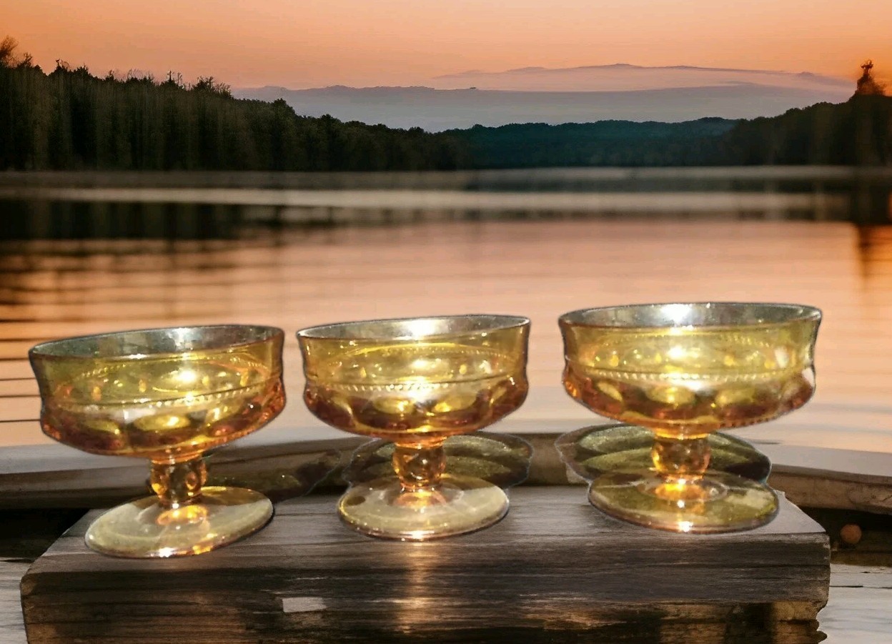 Indiana Colony Glass 3 Amber Kings Crown Footed Ice Cream Dessert Cups Sherbets