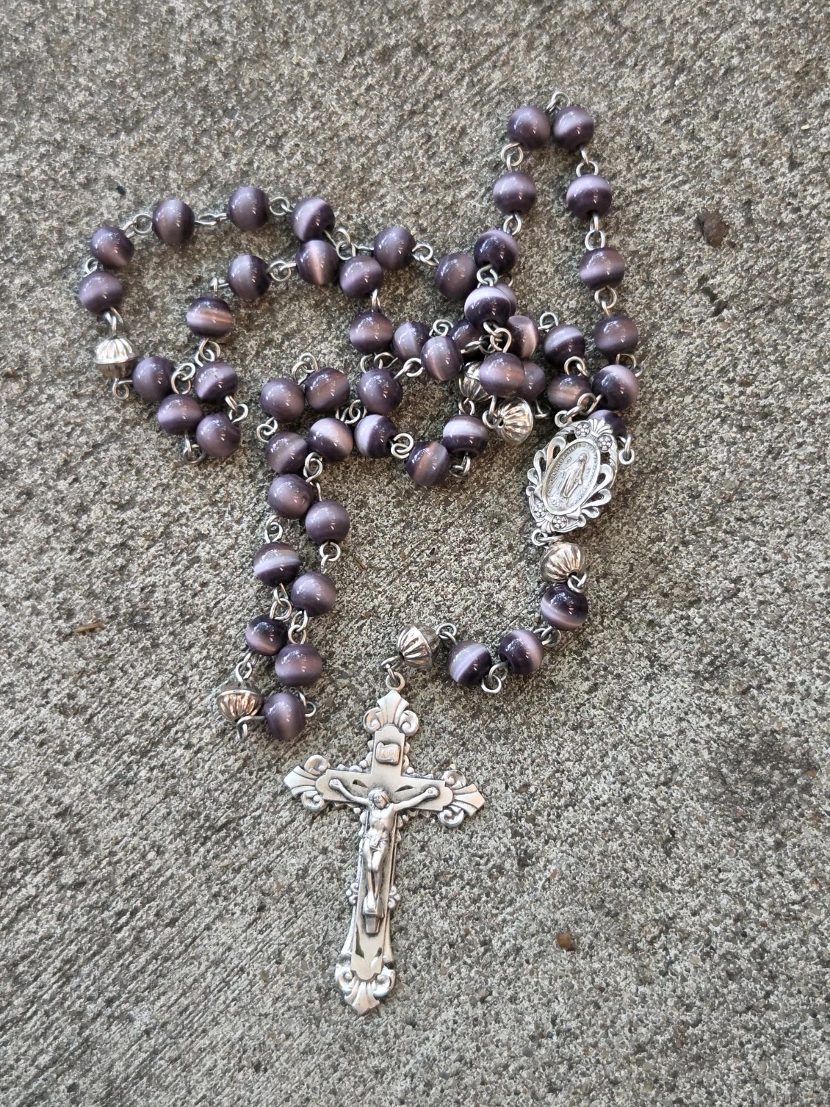 Vintage Sterling Silver Purple Tigers Rosary Necklace 53g Italy Miraculous Heavy