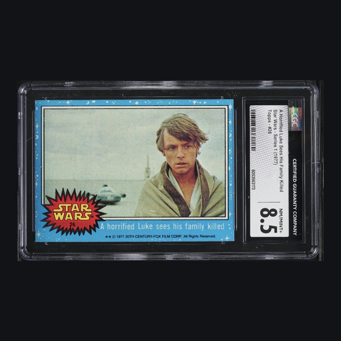 1977 Topps Star Wars A Horrified Luke Sees His Family Killed #26 CGC 8.5 NM-MT+ 1977 Topps Star Wars A Horrified Luke Sees His Family Killed #26 CGC 8.5 NM-MT+