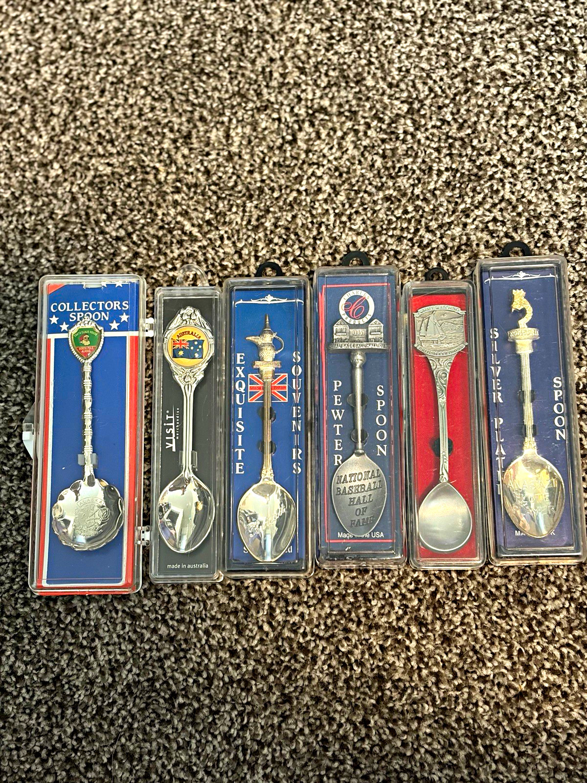Lot of 6 Silver Metal Travel Souvenir Collector Spoons w/ Display Cases