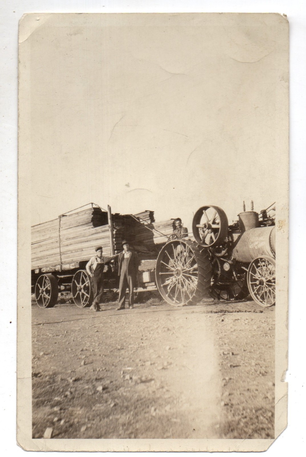 Antique photo HUGE STEAM POWERED TRACTOR ENGINE pulling WAGON LOAD LUMBER 1900s