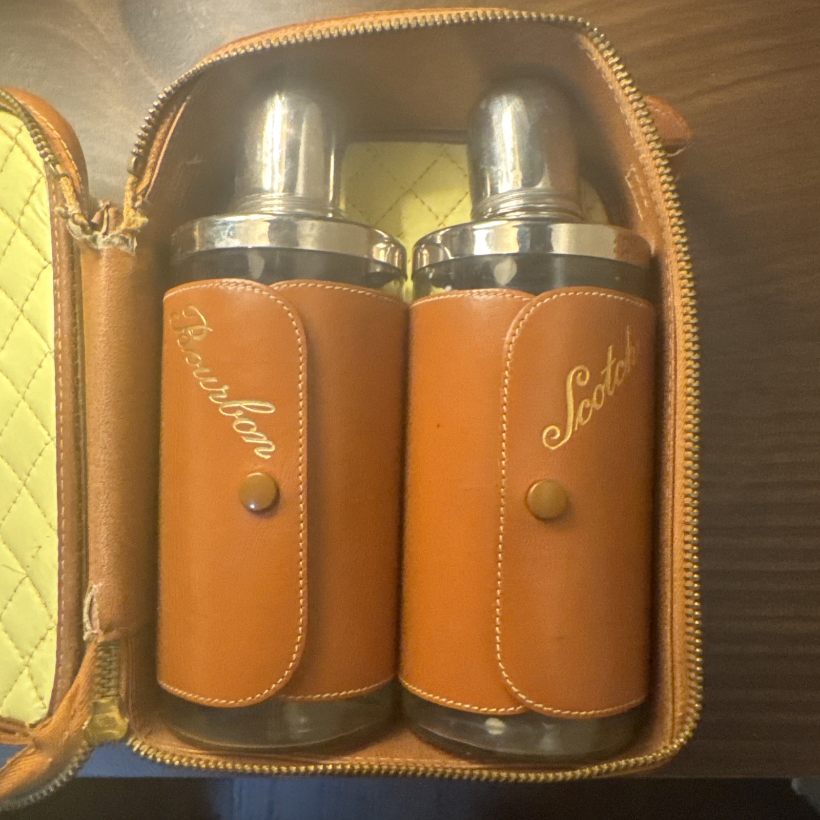 Vintage MCM Travel Bar Set Bourbon Scotch Glass Flasks Leather Case AS IS Repair