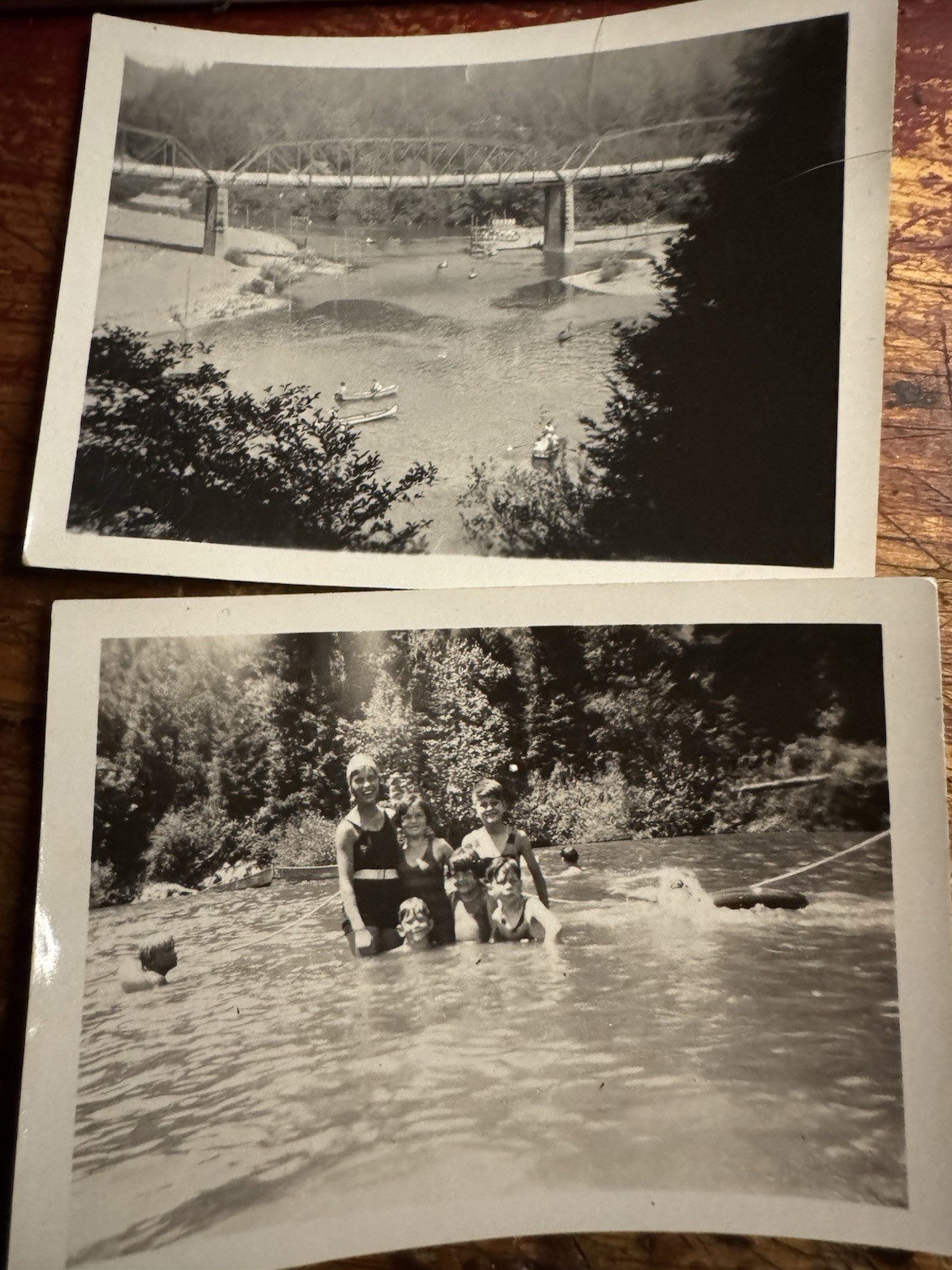 Antique Early 1910-30s? Bridge Guerneville CA Wohler? 2 B&W photos family river