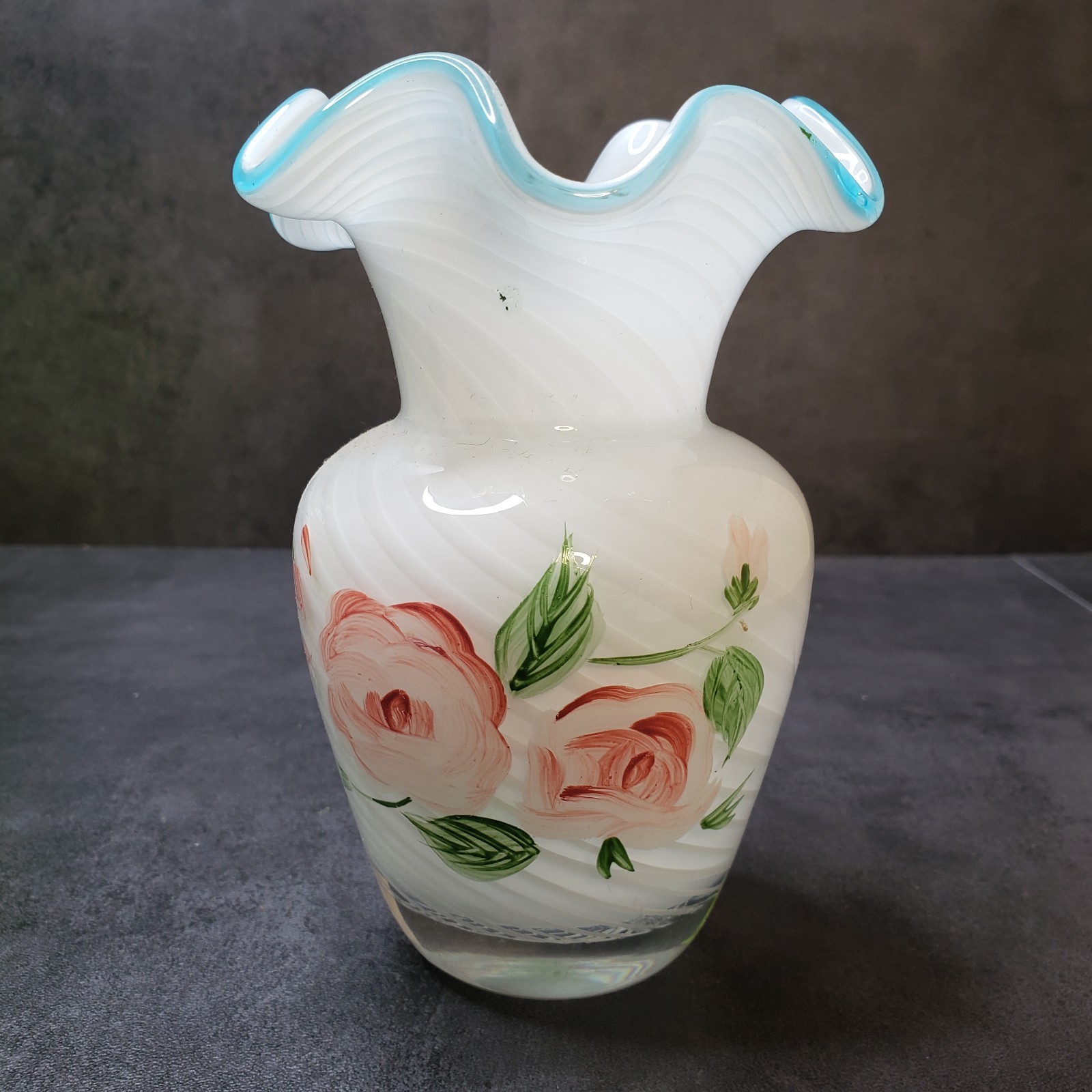 Fenton Glass Teleflora Swirl Hand Painted Roses Ruffled Blue Edge Vase