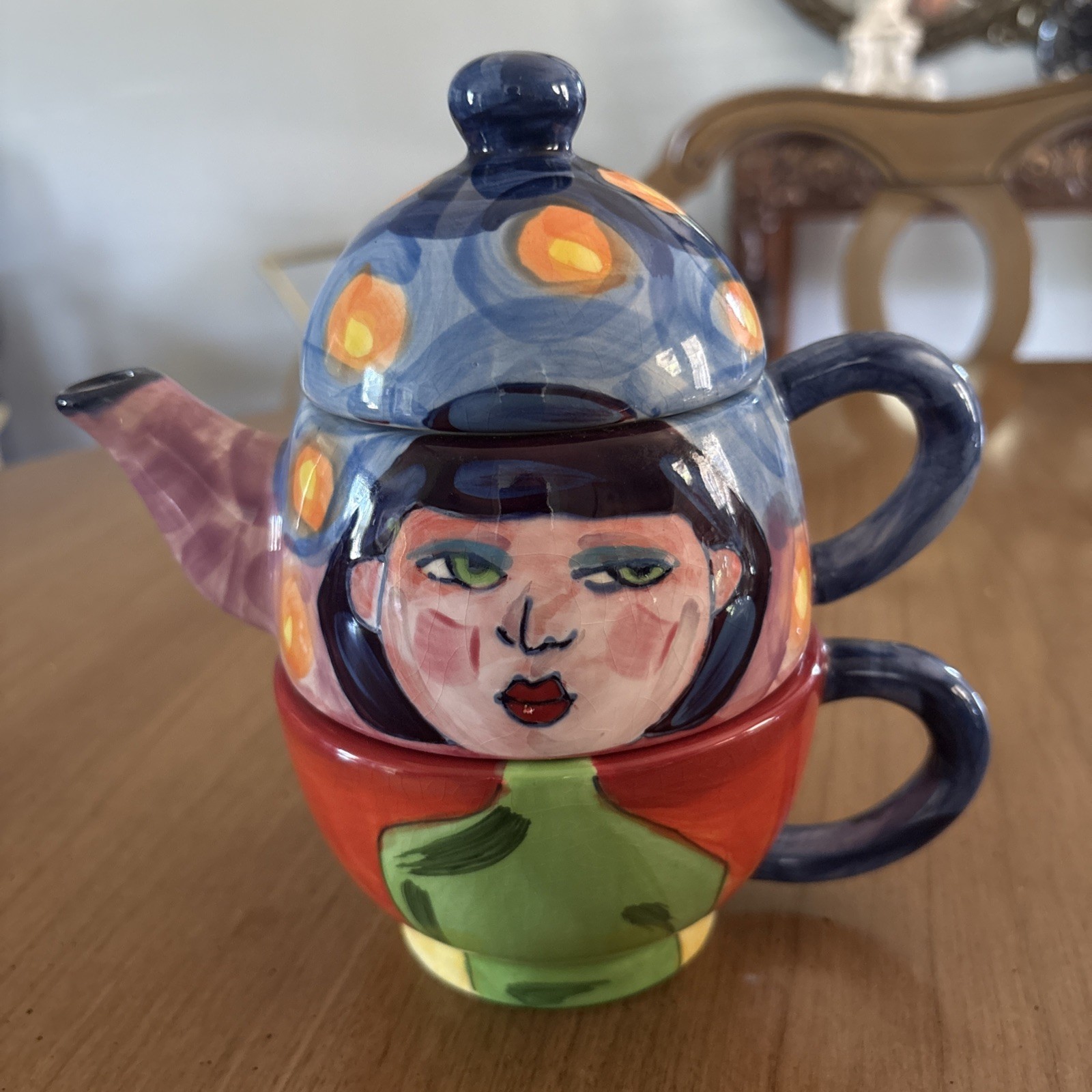 Stacking Teapot Mug Set Lady Face Deco Art Whimsical Ceramic
