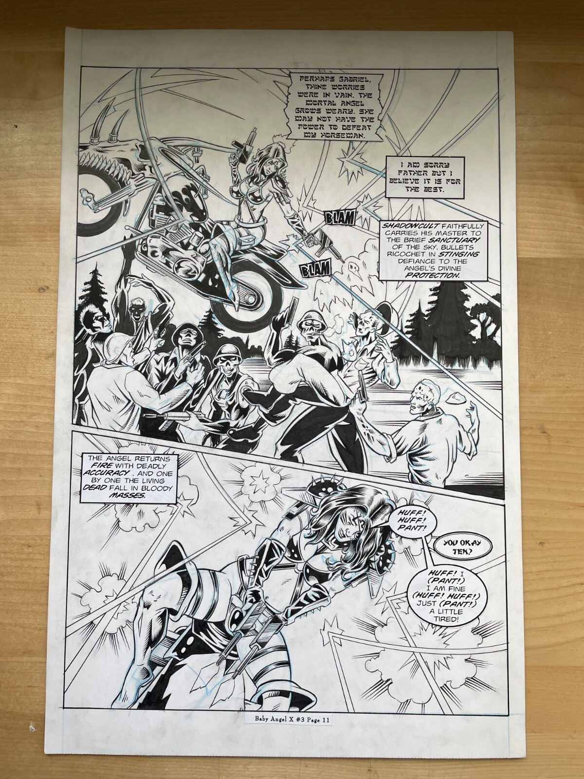 BABY ANGEL X #3 comic art HALF SPLASH BAD GIRL ON MOTORCYCLE SHOOTS UNDEAD
